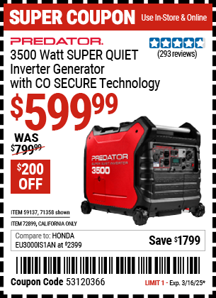 PREDATOR: 3500 Watt SUPER QUIET Inverter Generator with CO SECURE Technology, EPA