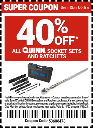 40% OFF ALL QUINN SOCKET SETS AND RATCHETS