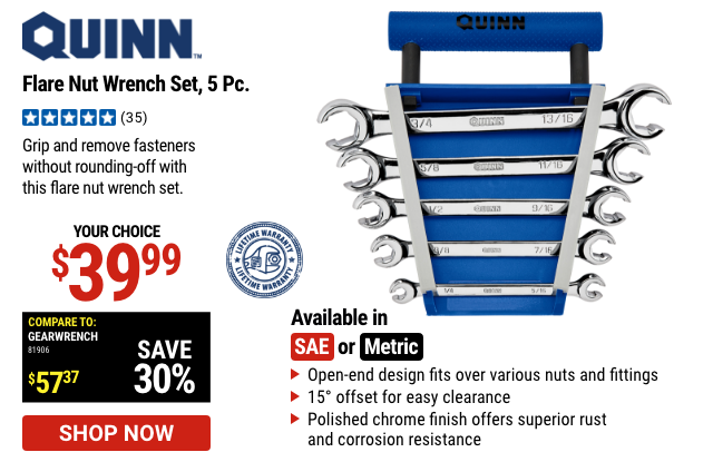 QUINN: SAE or Metric Flare Nut Wrench Set, 5 Pc.