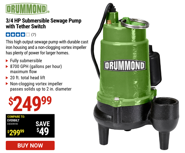 DRUMMOND: 3/4 HP Submersible Sewage Pump With Tether Switch