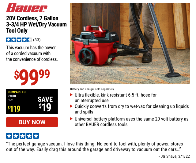 BAUER: 20V Cordless 7 Gallon Wet/Dry Vacuum – Tool Only