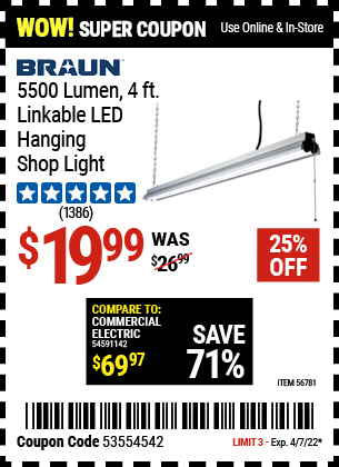 5500 Lumen 4 Ft Linkable LED Hanging Shop Light