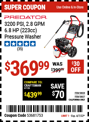 3200 PSI 2 8 GPM 6 8 HP 223cc Pressure Washer EPA