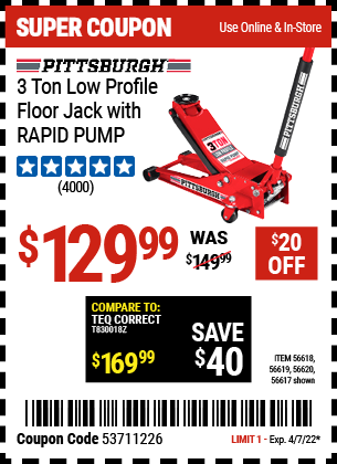 3 ton Low Profile Floor Jack with RAPID PUMP