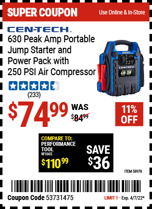 630 Peak Amp Portable Jump Starter and Power Pack with 250 PSI Air Compressor