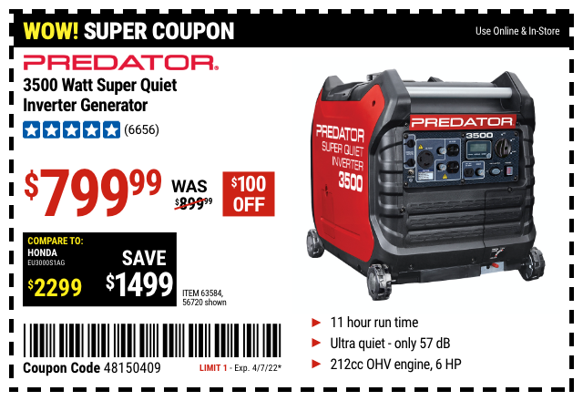 Predator: 3500 Watt Super Quiet Inverter Generator