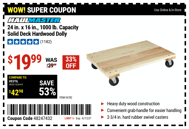 Haul Master: 24in x 16in 1000 lb Capacity Solid Deck Hardwood Dolly