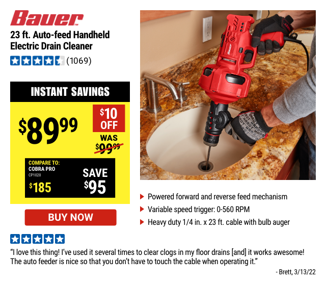 Bauer: 23ft Electric Drain Cleaner