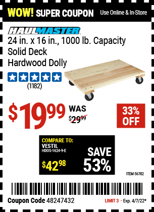 24 in x 16 in 1000 lb Capacity Solid Deck Hardwood Dolly