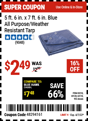 5 ft 6 in x 7 ft 6 in Blue All Purpose Weather Resistant Tarp