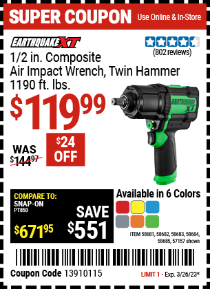 EARTHQUAKE XT: 1/2 in. Composite Air Impact Wrench, Twin Hammer, 1200 ft. lbs., Green