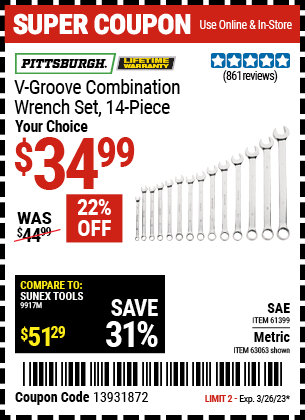PITTSBURGH: V-Groove SAE/Metric Combination Wrench Set, 14 Piece