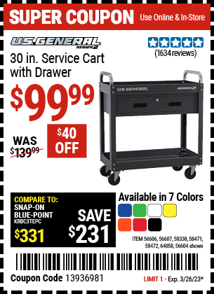 U.S. GENERAL: 30 in. Service Cart with Drawer, Black