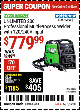 TITANIUM: UNLIMITED 200 Professional Multiprocess Welder with 120/240V Input