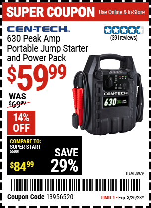 CEN-TECH: 630 Peak Amp Portable Jump Starter and Power Pack