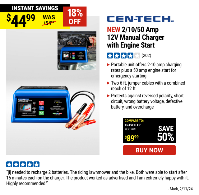 CEN-TECH: 2/10/50 Amp, 12V Manual Charger with Engine Start
