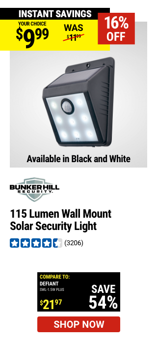 BUNKER HILL SECURITY: 115 Lumen Wall Mount Solar Security Light, Black