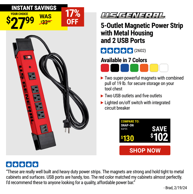 U.S. GENERAL: 5-Outlet Magnetic Power Strip with Metal Housing and 2 USB Ports
