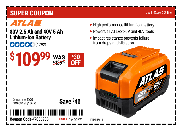 SUPER COUPON: ATLAS 80V 2.5 Ah and 40V 5.0 Ah Lithium-Ion Battery
