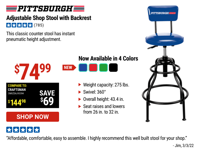 PITTSBURGH: Adjustable Shop Stool with Backrest