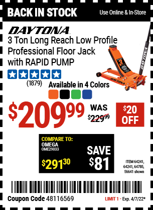 3 ton Long Reach Low Profile Professional Floor Jack with RAPID PUMP Orange