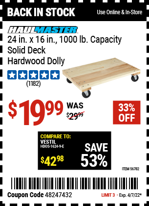 24 in x 16 in 1000 lb Capacity Solid Deck Hardwood Dolly