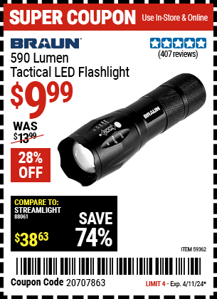 BRAUN: 590 Lumen Tactical LED Flashlight, Black