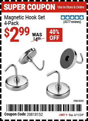 HFT: Magnetic Hook Set, 4 Pack