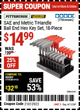 PITTSBURGH: SAE and Metric T-Handle Ball End Hex Key Set, 18 Piece