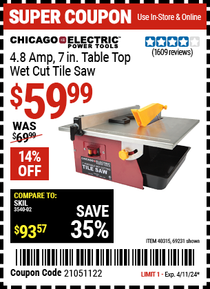 CHICAGO ELECTRIC: POWER TOOLS 4.8 Amp 7 in. Table Top Wet Cut Tile Saw