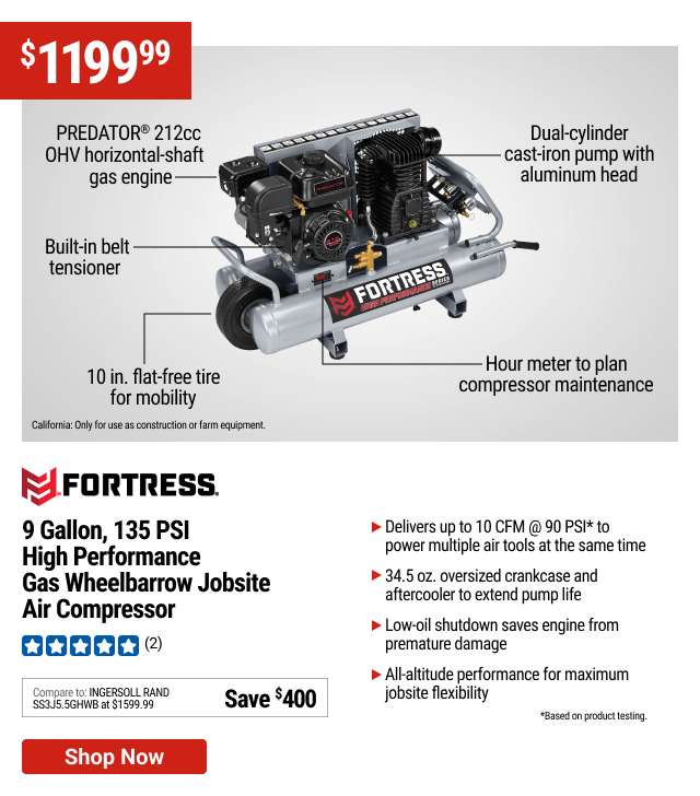 FORTRESS: 9 Gallon, 135 PSI High Performance Gas Wheelbarrow Jobsite Air Compressor