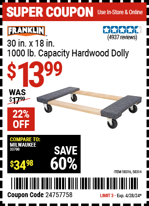 FRANKLIN: 30 in. x 18 in. 1000 lb. Capacity Hardwood Dolly
