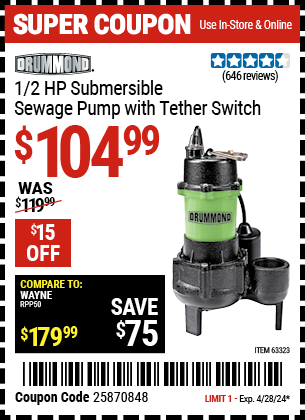 DRUMMOND: 1/2 HP Submersible Sewage Pump with Tether Switch