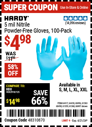 HARDY: 5 mil Nitrile Powder-Free Gloves, 100-Pack, Large, Light Blue