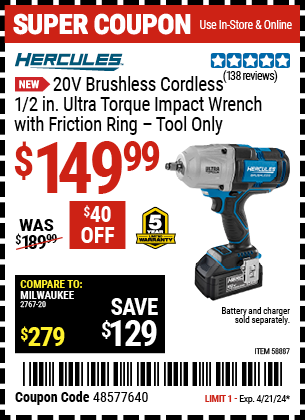 HERCULES: 20V Brushless Cordless 1/2 in. Ultra Torque Impact Wrench with Friction Ring - Tool Only