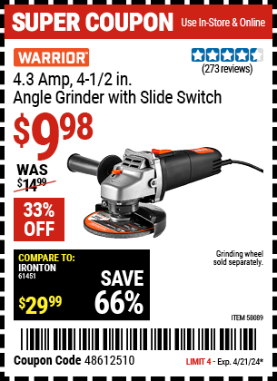 WARRIOR: 4.3 Amp, 4-1/2 in. Angle Grinder with Slide Switch