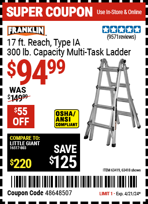 FRANKLIN: 17 ft. Reach, Type IA, 300 lb. Multi-Task Ladder