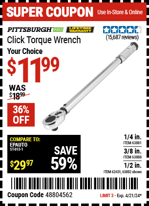 PITTSBURGH: 1/2 in. Drive 10-150 ft. lb. Click Torque Wrench