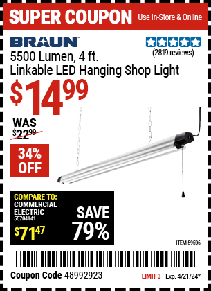 BRAUN: 5500 Lumen, 4 ft. Linkable LED Hanging Shop Light