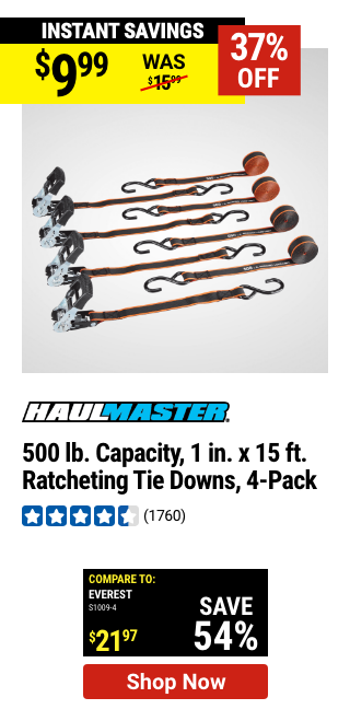 HAUL-MASTER: 500 lb. Capacity, 1 in. x 15 ft. Ratcheting Tie Downs, 4-Pack