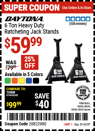 DAYTONA: 6 Ton Heavy Duty Ratcheting Jack Stands, Black