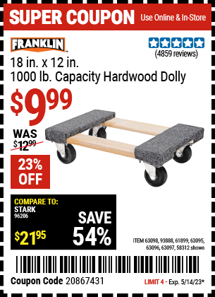 FRANKLIN: 18 in. x 12 in. 1000 lb. Capacity Hardwood Dolly