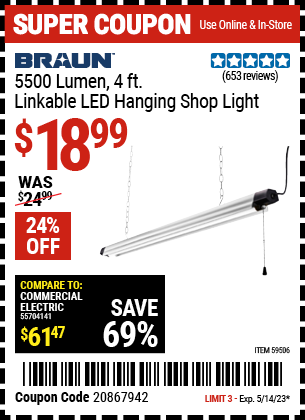 BRAUN: 10,000 Lumen, 4 Ft. Linkable Diamond Plate LED Hanging Shop Light