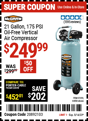 MCGRAW: 21 gallon 175 PSI Oil-Free Vertical Air Compressor