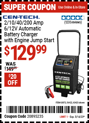 CEN-TECH: 2/10/40/200A 6/12V Automatic Battery Charger with Engine Jump Start