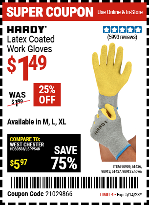 HARDY: Latex Coated Work Gloves, Large