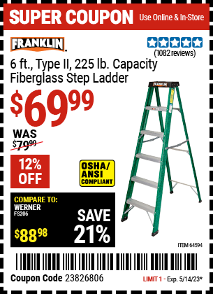 FRANKLIN: 6 Ft., Type II, 225 lb. Fiberglass Step Ladder