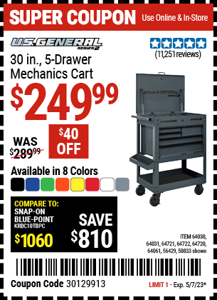 US GENERAL: 30 in. 5 Drawer Mechanics Cart, Slate Gray