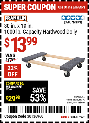 FRANKLIN: 30 in. x 19 in. 1000 lb. Capacity Hardwood Dolly