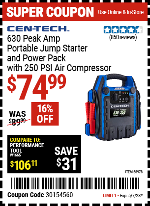 CEN-TECH: 630 Peak Amp Portable Jump Starter and Power Pack with 250 PSI Air Compressor